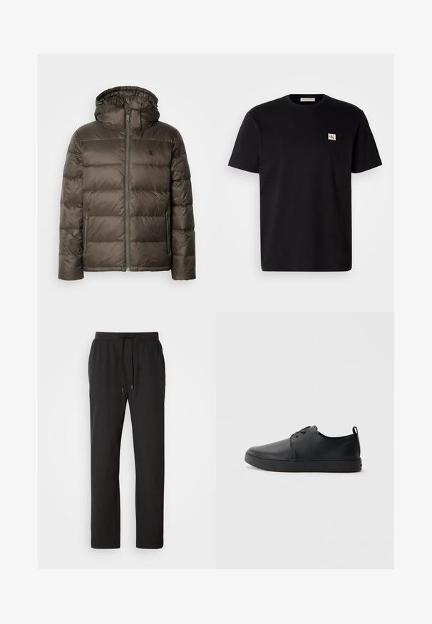 Braune gepolsterte Jacke mit Kapuze, ausgestattet mit einem Reißverschluss vorne, seitlichen Taschen und einem gesteppten Design. Das Material scheint leicht und glatt zu sein.; Schwarzes Baumwoll-T-Shirt mit kurzen Ärmeln, Rundhalsausschnitt und kleinem gesticktem Logo auf der linken Brust. Geschmeidige Textur, normale Passform.; Schwarze Jogginghosen aus leichtem Stoff, mit einem elastischen Bund und verstellbaren Kordeln sowie Seitentaschen. Glatte Textur.; Schwarze Leder-Sneaker mit glatter Oberfläche, abgerundeter Zehenpartie, gleichfarbiger Nähte, schnürbarem Vorderteil und flacher Gummisohle. Schlaufe an der Ferse.