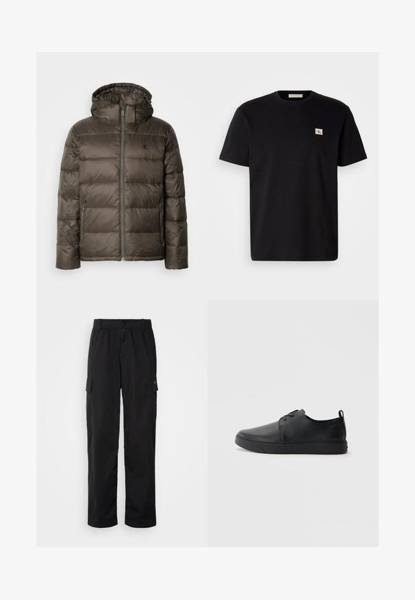 Kényelmes, kapucnis barna dzseki, elülső cipzárral, oldalsó zsebekkel és steppelt mintázattal. Az anyaga könnyűnek és simának tűnik.; Fekete pamut póló rövid ujjal, kerek nyakkivágással, és egy kis hímzett logóval a bal oldali mellrészén. Sima tapintású, normál szabású.; Fekete cargo nadrág rugalmas derékkal, két oldalsó zsebbel és puha, könnyű anyaggal. Közvetlen szárvágással és minimalista dizájnnal rendelkezik.; Fekete bőr sportcipő sima felülettel, lekerekített orral, azonos színű varrással, fűzős elülső résszel és lapos gumitalppal. Hurok a sarkán.