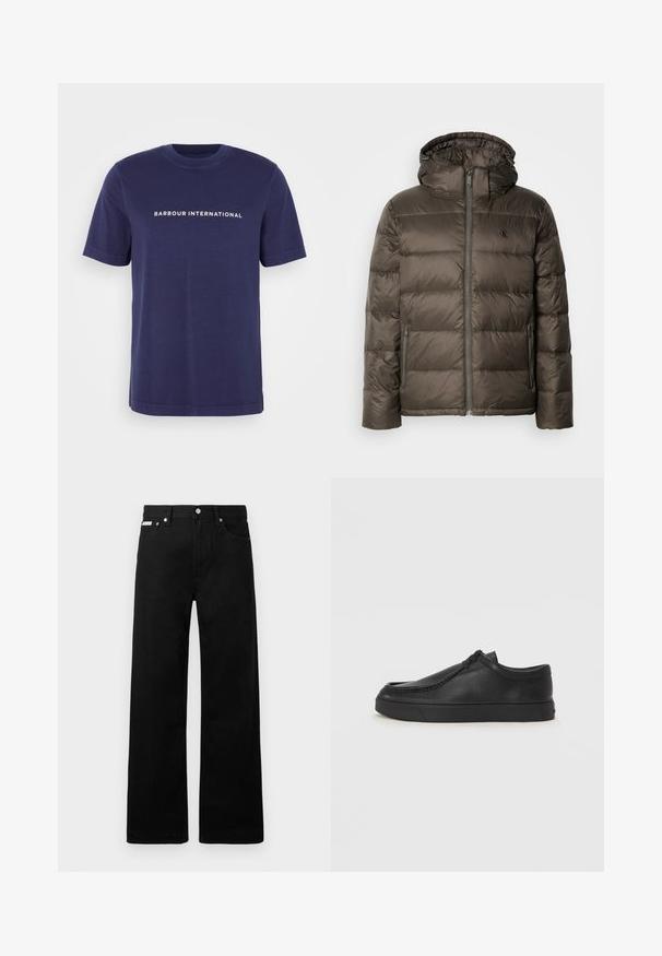 Kényelmes, kapucnis barna dzseki, elülső cipzárral, oldalsó zsebekkel és steppelt mintázattal. Az anyaga könnyűnek és simának tűnik.; Sötétkék pamut póló rövid ujjakkal, kerek nyakkivágással, és fehér "BARBOUR INTERNATIONAL" felirattal a mellkasán.; Fekete farmernadrág széles szabással, öt zsebbel és fém gombos díszítéssel. Sima felület, látható minták nélkül.; Fekete bőr slip-on cipő lekerekített orral, varrott részletekkel és fekete gumitalppal. Simaság és minimalista dizájn jellemzi.