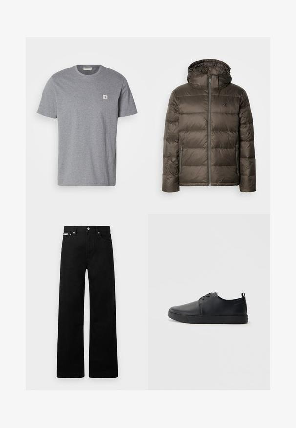 Casaco castanho acolchoado com capuz, apresentando um fecho à frente, bolsos laterais e um design acolchoado. O material parece leve e suave.; T-shirt cinza feito de tecido misto de algodão, com decote redondo, mangas curtas e um pequeno emblema da CK no lado esquerdo do peito.; Calças de ganga pretas com um design de pernas largas, apresentando cinco bolsos e fechos metálicos. Textura suave, sem padrões visíveis.; Sapatilha de couro preta com um acabamento liso, bico arredondado, costura ton sur ton, frente com atacadores e sola plana de borracha. Alça no calcanhar.
