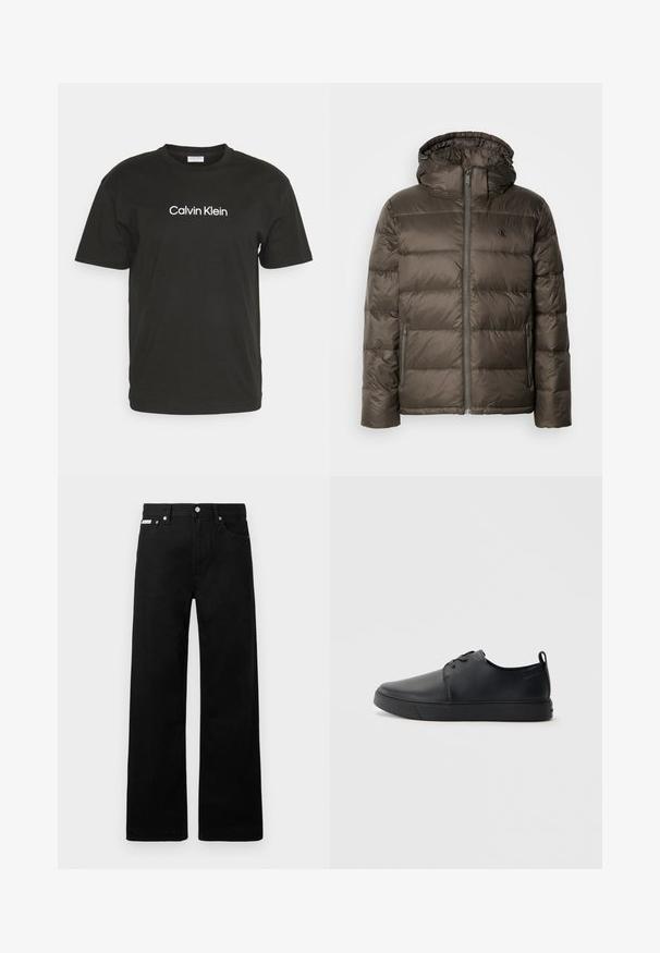 Pelēks brūns jaka ar kapuci, kas aprīkota ar priekšējo rāvējslēdzēju, sānu kabatām un quilted dizainu. Materiāls izskatās viegls un gluds.; Melna kokvilnas T-kreklu ar apaļu dekoltē un īsām piedurknēm, ar "Calvin Klein" logotipu drukātu baltā krāsā uz priekšpuses.; Melni džinsi ar platajiem bikšu dizainu, ar piecām kabatām un metāla pogām. Gluda tekstūra, bez redzamām rakstu detaļām.; Melnas ādas kedas ar gludu apdari, noapaļota purngala, tonāla šuvēm, auklu fronti un plakanu gumijas zoli. Cilpa pie papēža.