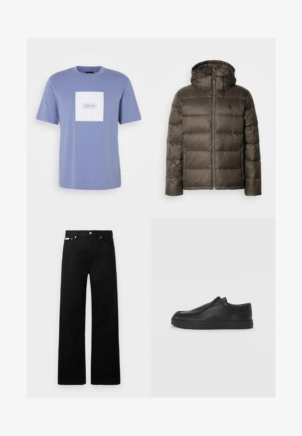 Hnědá zateplená bunda s kapucí, vybavená předním zipem, bočními kapsami a prošívaným vzorem. Materiál vypadá lehce a hladce.; Světle modré bavlněné tričko s bílým čtvercovým nášivkem, na kterém je modrým písmem nápis "BARBOUR INTERNATIONAL". Kulatej výstřih a krátké rukávy.; Černé denimové kalhoty s širokým střihem, s pěti kapsami a kovovými knoflíky. Hladký povrch, bez viditelných vzorů.; Černé kožené nazouvací boty s kulatou špičkou, prošitím a černou gumovou podrážkou. Hladký povrch s minimalistickým designem.