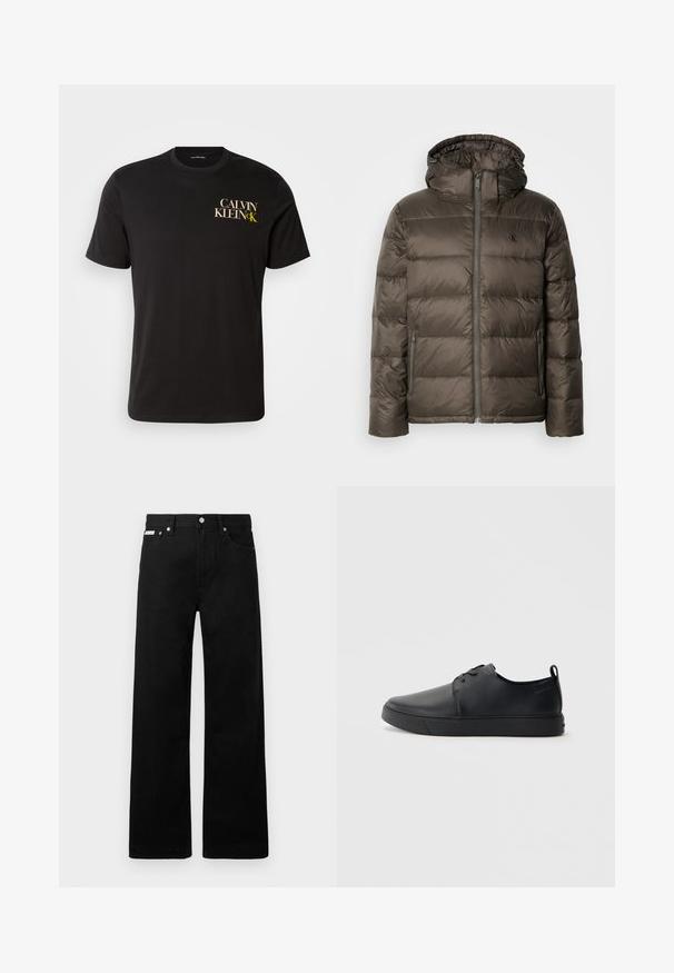 Hnědá zateplená bunda s kapucí, vybavená předním zipem, bočními kapsami a prošívaným vzorem. Materiál vypadá lehce a hladce.; Černé bavlněné tričko s krátkými rukávy, s potiskem na přední levé části hrudi v zlaté a bílé barvě s textem "CALVIN KLEIN CK." Klasický kulatý výstřih.; Černé denimové kalhoty s širokým střihem, s pěti kapsami a kovovými knoflíky. Hladký povrch, bez viditelných vzorů.; Černé kožené tenisky s hladkým povrchem, zaoblenou špičkou, tónovým prošíváním, šněrovacím uzávěrem a plochou gumovou podrážkou. Očko na patě.