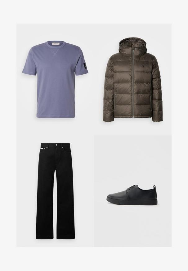 Padded rjava bunda s kapuco, ki ima sprednji zadrgo, stranska žepa in prešito zasnovo. Material se zdi lahek in gladek.; T-maica s kratkimi rokavi in okroglim izrezom iz sivkastega bombaža, z majhnim črnim logotipom na levem rokavu in kontrastnimi šivi.; Črne jeans hlače širokega kroja, z petimi žepi in kovinskimi gumbi. Gladka tekstura, brez vidnih vzorcev.; Črne usnjene športne čevlje z gladko površino, okroglo oblikovano nosilo, toniranim šivanjem, vezanjem spredaj in ravnim gumijastim podplatom. Zanko na peti.