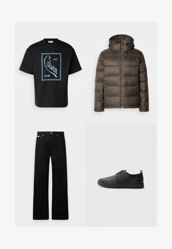 Pelēks brūns jaka ar kapuci, kas aprīkota ar priekšējo rāvējslēdzēju, sānu kabatām un quilted dizainu. Materiāls izskatās viegls un gluds.; Melnā kokvilnas T-krekls ar izteiksmīgu tirkīza grafisko dizainu, kas lauž līniju ar tekstu "Calvin Klein NY" taisnstūrveida kontūrā. Īsas piedurknes.; Melni džinsi ar platajiem bikšu dizainu, ar piecām kabatām un metāla pogām. Gluda tekstūra, bez redzamām rakstu detaļām.; Melnas ādas kedas ar gludu apdari, noapaļota purngala, tonāla šuvēm, auklu fronti un plakanu gumijas zoli. Cilpa pie papēža.
