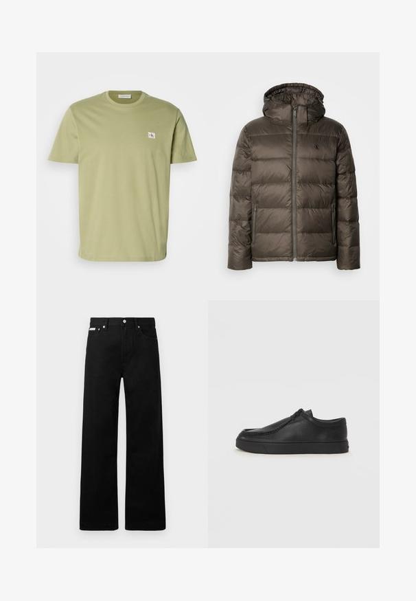 Brązowa kurtka ocieplana z kapturem, z zamkiem błyskawicznym z przodu, bocznymi kieszeniami i pikowanym wzorem. Materiał wydaje się lekki i gładki.; Oliwkowa koszulka z krótkim rękawem wykonana z gładkiej bawełny. Posiada małe, prostokątne logo na lewej piersi. Klasyczny krój z okrągłym dekoltem.; Czarne dżinsowe spodnie o szerokim kroju, z pięcioma kieszeniami i metalowymi guzikami. Gładka tekstura, bez widocznych wzorów.; Czarne skórzane buty wsuwane z okrągłym noskiem, przeszyciami i czarną gumową podeszwą. Gładka faktura z minimalistycznym wzornictwem.