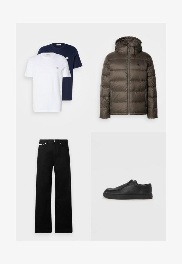 Pudruota ruda striukė su kapišonu, su priekiniais užtrauktukais, šoninėmis kišenėmis ir siuvinėtu raštu. Medžiaga atrodo lengva ir glotni.; Baltos ir mėlynos spalvos medvilniniai marškinėliai pakuotėje. Kiekvienas marškinėlis turi apvalią kaklą, trumpas rankoves ir mažą logotipo pleistrą ant krūtinės.; Juodos džinsinės kelnės su plačiu kojų dizainu, turinčios penkias kišenes ir metalinius sagčių akcentus. Lygus paviršius, be matomų raštų.; Juodos odinės supjamintus batelius su apvaliu pirštu, siuvinėtu akcentu ir juodu guminiu padu. Lygus tekstūra su minimalistišku dizainu.