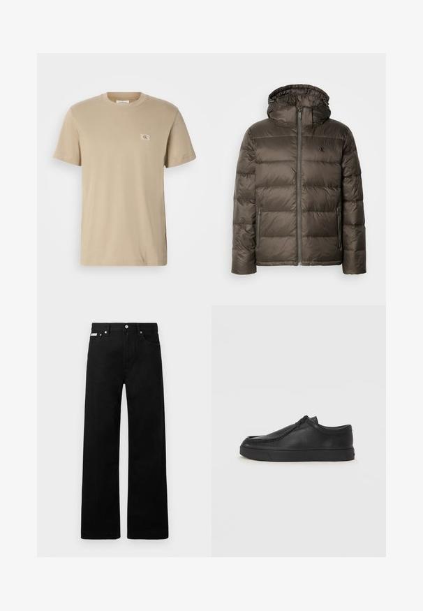 Padded rjava bunda s kapuco, ki ima sprednji zadrgo, stranska žepa in prešito zasnovo. Material se zdi lahek in gladek.; Bež majica iz bombaža s okruglim izrezom, kratkim rukavima i malom pravokutnom oznakom na lijevoj strani prsnog dijela. Glatka tekstura.; Črne jeans hlače širokega kroja, z petimi žepi in kovinskimi gumbi. Gladka tekstura, brez vidnih vzorcev.; Črne usnjene natikače s zaobljenim prstom, šivanim detajlima in črnim gumijastim podplatom. Gladka tekstura z minimalističnim dizajnom.