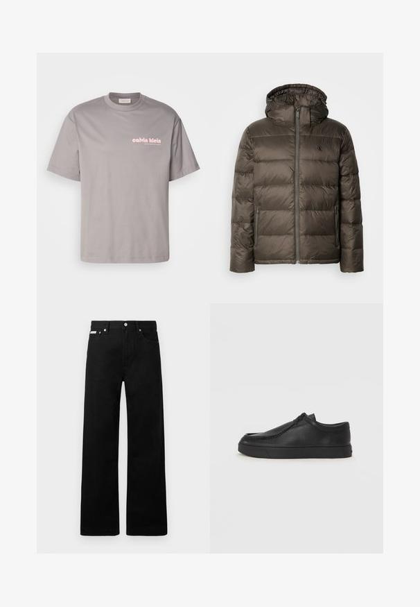 Hnědá zateplená bunda s kapucí, vybavená předním zipem, bočními kapsami a prošívaným vzorem. Materiál vypadá lehce a hladce.; Šedé bavlněné tričko s krátkým rukávem a kulatým výstřihem. Na levé straně hrudi je vytištěno růžové logo "Calvin Klein".; Černé denimové kalhoty s širokým střihem, s pěti kapsami a kovovými knoflíky. Hladký povrch, bez viditelných vzorů.; Černé kožené nazouvací boty s kulatou špičkou, prošitím a černou gumovou podrážkou. Hladký povrch s minimalistickým designem.