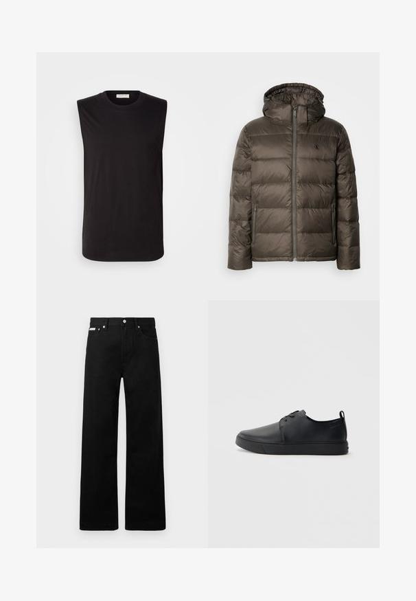 Padded smeđi kaput s kapuljačom, s prednjim patentnim zatvaračem, bočnim džepovima i kockastim uzorkom. Materijal izgleda lagan i glatko.; Crna majica bez rukava od mekog pamuka. Ima okrugli izrez i ležeran kroj, s glatkom teksturom i bez ukrasa.; Crne traperice širokog kroja, s pet džepova i metalnim dugmadi. Glatka tekstura, bez vidljivih uzoraka.; Crne kožne tenisice s glatkom površinom, zaobljenim vrhom, tonom prošivanja, vezanjem sprijeda i ravnim gumenim potplatom. Oko pete se nalazi učka.