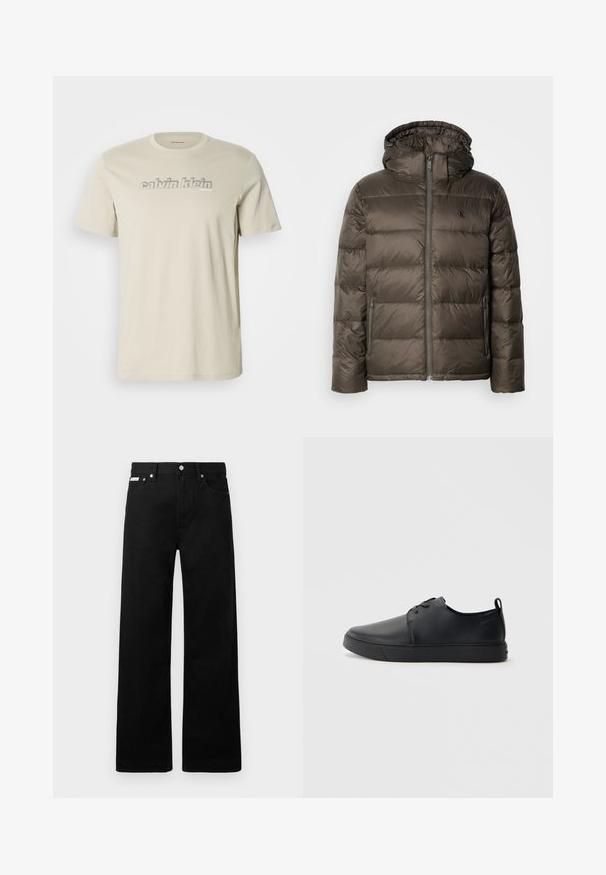 Hnědá zateplená bunda s kapucí, vybavená předním zipem, bočními kapsami a prošívaným vzorem. Materiál vypadá lehce a hladce.; Beige bavlněné tričko s kulatým výstřihem, na přední straně s výrazným šedým logem "calvin klein" ve decentním písmovém stylu.; Černé denimové kalhoty s širokým střihem, s pěti kapsami a kovovými knoflíky. Hladký povrch, bez viditelných vzorů.; Černé kožené tenisky s hladkým povrchem, zaoblenou špičkou, tónovým prošíváním, šněrovacím uzávěrem a plochou gumovou podrážkou. Očko na patě.
