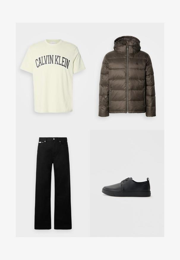 Braune gepolsterte Jacke mit Kapuze, ausgestattet mit einem Reißverschluss vorne, seitlichen Taschen und einem gesteppten Design. Das Material scheint leicht und glatt zu sein.; Helle gelbe Baumwoll-T-Shirt mit Rundhalsausschnitt. Mit einem auffälligen, dunkelgrauen "CALVIN KLEIN"-Logo, das sich bogenförmig über die Brust zieht. Kurze Ärmel.; Schwarze Denim-Hose im weiten Bein-Design mit fünf Taschen und metallenen Knopfdetails. Glatte Textur, ohne sichtbare Muster.; Schwarze Leder-Sneaker mit glatter Oberfläche, abgerundeter Zehenpartie, gleichfarbiger Nähte, schnürbarem Vorderteil und flacher Gummisohle. Schlaufe an der Ferse.