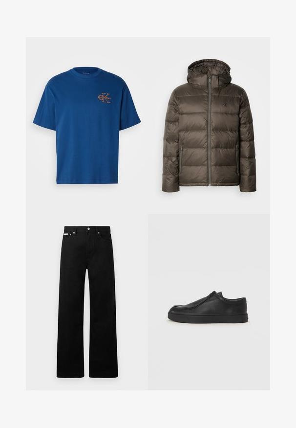 Hnědá zateplená bunda s kapucí, vybavená předním zipem, bočními kapsami a prošívaným vzorem. Materiál vypadá lehce a hladce.; Modrá bavlněná tričko s kulatým výstřihem, krátkými rukávy a oranžovým logem Calvin Klein na levé části hrudi. Jednoduchý a klasický střih.; Černé denimové kalhoty s širokým střihem, s pěti kapsami a kovovými knoflíky. Hladký povrch, bez viditelných vzorů.; Černé kožené nazouvací boty s kulatou špičkou, prošitím a černou gumovou podrážkou. Hladký povrch s minimalistickým designem.