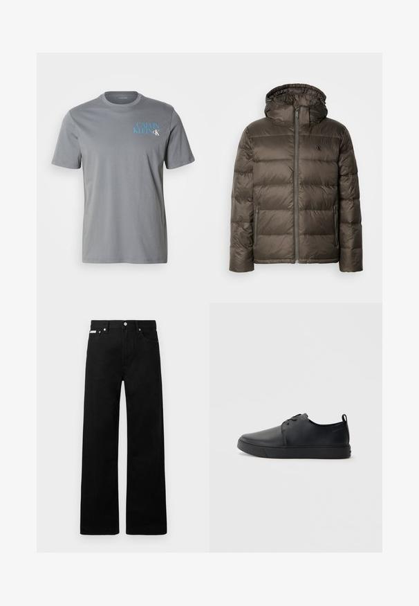 Pudruota ruda striukė su kapišonu, su priekiniais užtrauktukais, šoninėmis kišenėmis ir siuvinėtu raštu. Medžiaga atrodo lengva ir glotni.; Pilkas medvilnės marškinėliai su apvaliu kaklu, trumpomis rankovėmis, su mėlynu užrašu "CALVIN KLEIN" atspausdintu kairėje pusėje. Lygus paviršius.; Juodos džinsinės kelnės su plačiu kojų dizainu, turinčios penkias kišenes ir metalinius sagčių akcentus. Lygus paviršius, be matomų raštų.; Juodos odinės sportinės bateliai su lygiu paviršium, suapvalinta nosimi, toniniais siūlais, raištelių užsegimu priekyje ir plokščiu guminiu padu. Kilpelė ant kulno.