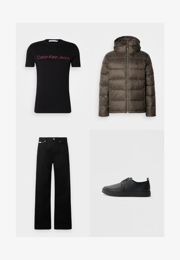 Padded rjava bunda s kapuco, ki ima sprednji zadrgo, stranska žepa in prešito zasnovo. Material se zdi lahek in gladek.; Črna kratka majica s kratkimi rokavi iz bombaža z okroglim izrezom. Rdeč logo "Calvin Klein Jeans" čez prsi, preprost dizajn, brez dodatnih vzorcev.; Črne jeans hlače širokega kroja, z petimi žepi in kovinskimi gumbi. Gladka tekstura, brez vidnih vzorcev.; Črne usnjene športne čevlje z gladko površino, okroglo oblikovano nosilo, toniranim šivanjem, vezanjem spredaj in ravnim gumijastim podplatom. Zanko na peti.