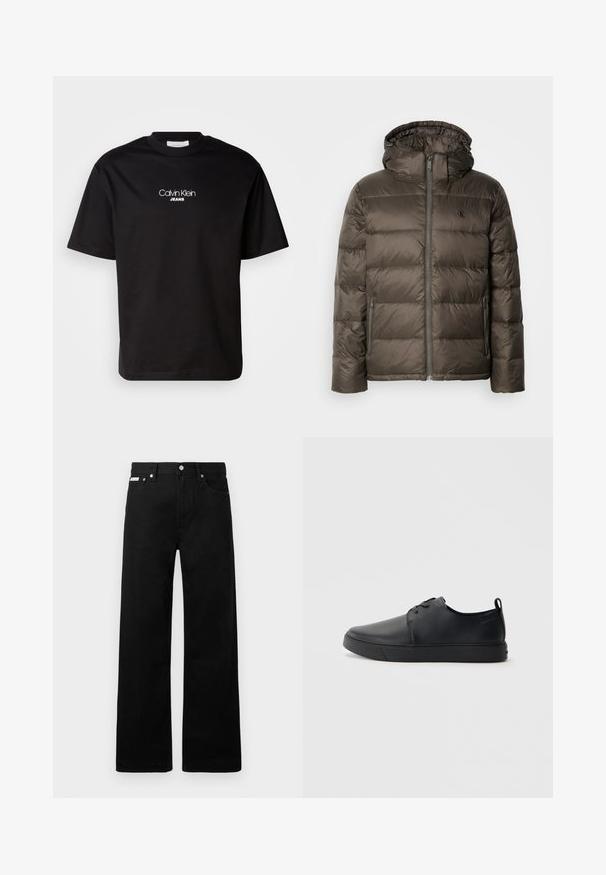 Vadderad brun jacka med huva, som har en framdragkedja, sidofickor och ett quiltat mönster. Materialet verkar vara lätt och slätt.; Svart bomull t-shirt med rund hals, kort ärm och vit "Calvin Klein JEANS" logotyp på framsidan. Enkelt och rakt snitt.; Svarta denimbyxor med en vid bendesign, som har fem fickor och metallknappar. Slät textur, inga synliga mönster.; Svart lädersneaker med en slät yta, rund tå, tonad sömnad, snörning framtill och en platt gummisula. Ögla vid hälen.