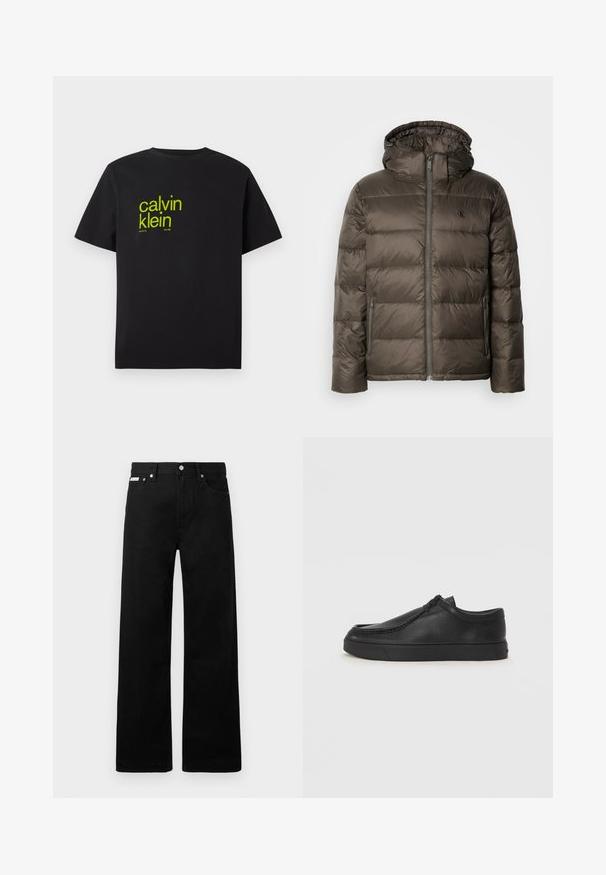 Casaco castanho acolchoado com capuz, apresentando um fecho à frente, bolsos laterais e um design acolchoado. O material parece leve e suave.; T-shirt preta de algodão com texto amarelo a dizer "calvin klein" e "new york city since 1968" numa fonte moderna e bold. Mangas curtas.; Calças de ganga pretas com um design de pernas largas, apresentando cinco bolsos e fechos metálicos. Textura suave, sem padrões visíveis.; Sapata slip-on de couro preto com biqueira arredondada, detalhes cosidos e sola de borracha preta. Textura suave com design minimalista.