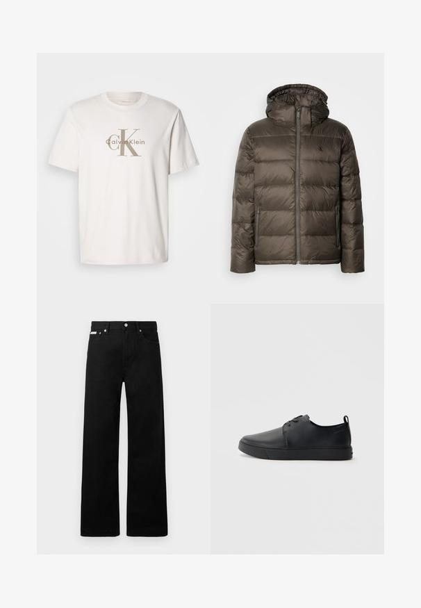 Vadderad brun jacka med huva, som har en framdragkedja, sidofickor och ett quiltat mönster. Materialet verkar vara lätt och slätt.; Vit kortärmad t-shirt i bomull med beige "cK Calvin Klein"-logotyp tryckt över bröstet, rund halsringning och avslappnad passform.; Svarta denimbyxor med en vid bendesign, som har fem fickor och metallknappar. Slät textur, inga synliga mönster.; Svart lädersneaker med en slät yta, rund tå, tonad sömnad, snörning framtill och en platt gummisula. Ögla vid hälen.