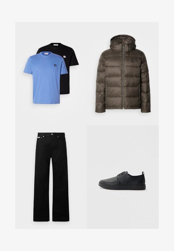 Giacca imbottita marrone con cappuccio, dotata di zip frontale, tasche laterali e un design trapuntato. Il materiale appare leggero e liscio.; Due magliette di cotone, una azzurro chiaro e una nera, con collo rotondo e piccole toppe logo sul petto. Texture liscia.; Pantaloni in denim nero con design a gamba larga, dotati di cinque tasche e hardware in metallo per i bottoni. Texture liscia, senza motivi visibili.; Sneaker in pelle nera con finitura liscia, punta arrotondata, cuciture tono su tono, chiusura con lacci frontale e suola piatta in gomma. Anello sul tallone.