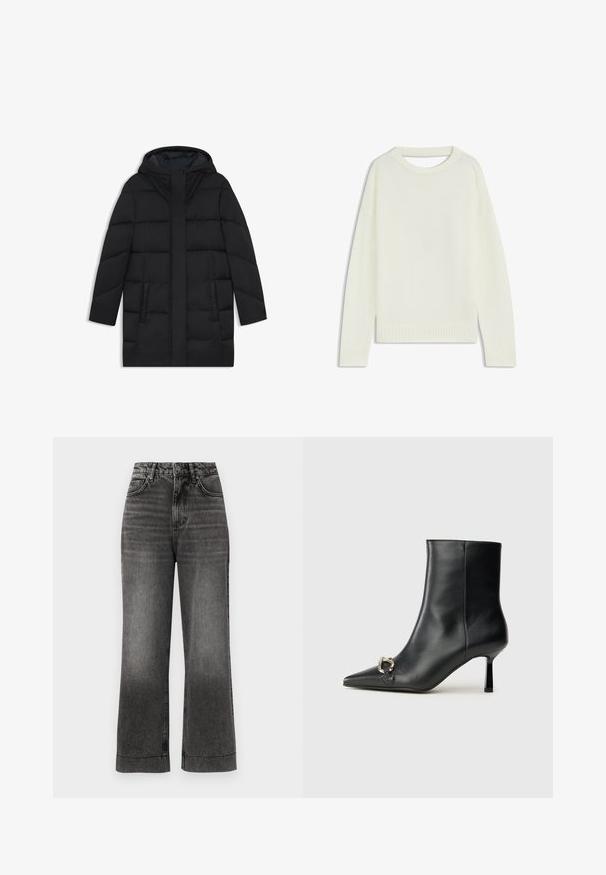 Mustapuffattu takki hupulla, jossa on tikattu muotoilu, kaksi sivutaskua ja suora leikkaus, jossa on piilotettu vetoketjukiinnitys.; Vaalean kermanvärinen neule, jossa on pyöreä pääntie, pitkät hihat, ribbireunus ja pehmeä texture. Ei kuvioita tai näkyviä kiinnitysdetaileja.; Tummanharmaat leveät farkut, joissa on haalistunut pinta, napp closure, viiden taskun muotoilu ja näkyvät ompeleet helmoissa.; Musta nahkasaapas nilkkapituisilla, terävillä kärjillä, hoikalla keskipituisella korolla ja hopeavöillä sivussa yksinkertaista taustaa vasten.