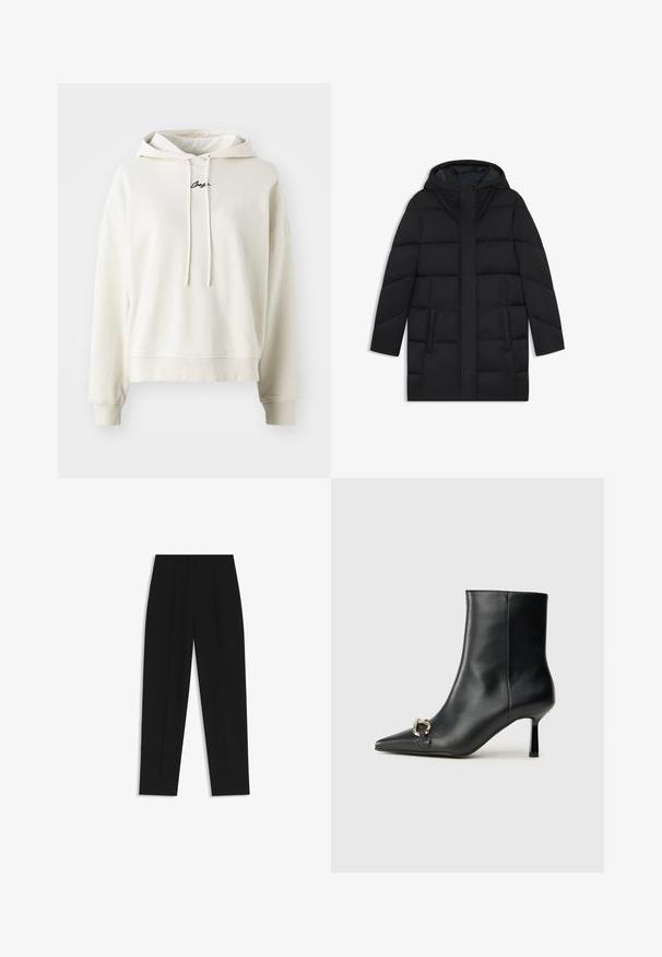 Sort puffermantel med hætte, der har et quiltet design, to sidelommer og en lige snit med en skjult frontlynlås.; Cremefarvet hoodie, bomuldsmateriale, afslappet pasform, snoretræk i huen, ribbede manchetter og kant, broderet logo på brystet.; Sorte bukser med lige pasform, der har dobbelte folder, en glat tekstur og et klassisk taljedesign. Ingen synlige hardware eller accenter.; Sort læder ankelstøvle med spidse tæer, slank hæl i mellemhøjde og sølvspænde detaljer på siden mod en ensfarvet baggrund.