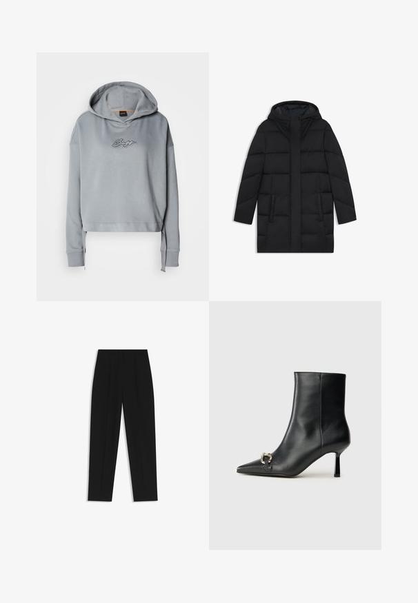 Piumino nero con cappuccio, caratterizzato da un design trapuntato, due tasche laterali e una linea dritta con una chiusura frontale con zip nascosta.; Felpa grigia corta con cappuccio regolabile, caratterizzata da un design del logo testurizzato in argento sulla parte anteriore. Tessuto morbido, vestibilità rilassata, polsini a costine.; Pantaloni neri a taglio dritto, con doppie pieghe, una texture liscia e un design classico in vita. Nessun hardware o dettaglio visibile.; Stivale alla caviglia in pelle nera con punta affusolata, tacco sottile di media altezza e dettaglio in fibbia argentata sul lato, su sfondo semplice.