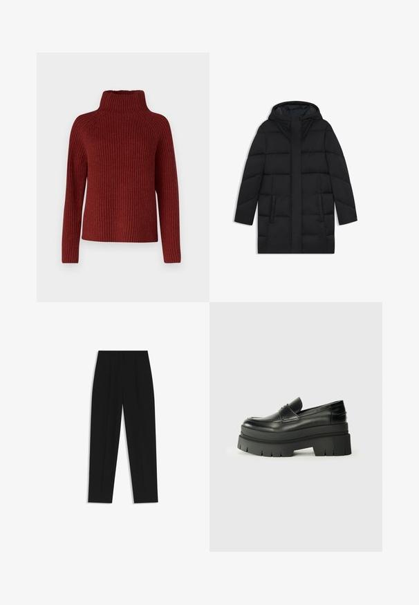 Black puffer coat with a hood, featuring a quilted design, two side pockets, and a straight cut with a hidden front zip closure.; DRYKORN ARWEN - Jumper - red; Black trousers with a straight fit, featuring double pleats, a smooth texture, and a classic waistband design. No visible hardware or accents.; Black leather loafers with a chunky platform sole. Rounded toe, front seam detail, and subtle stitching accents. Flat, textured outsole.