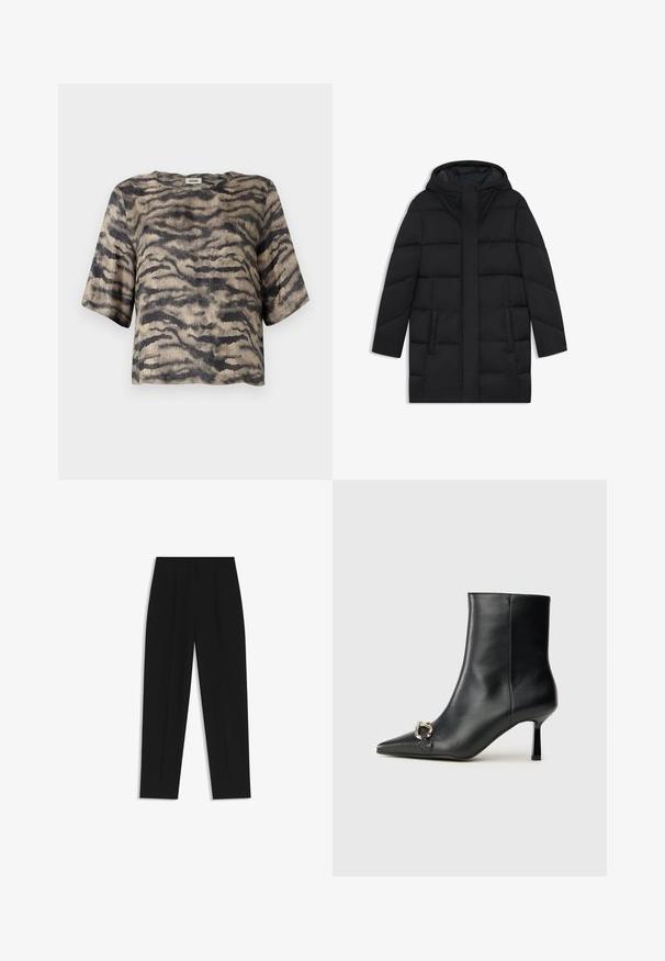 Zwarte gewatteerde jas met een capuchon, voorzien van een gestikt ontwerp, twee zijzakken en een rechte snit met een verborgen rits aan de voorkant.; Korte mouwen, crop top in een geribbelde textuur met een beige en zwarte tijgerstrepenpatroon. Beschikt over een ronde halslijn en een ontspannen pasvorm.; Zwarte broeken met een rechte pasvorm, voorzien van dubbele plooien, een zachte textuur en een klassiek taillebandontwerp. Geen zichtbare hardware of accenten.; Zwarte leren enkelboot met spitse neus, slanke middenhoge hak en zilveren gespdetail aan de zijkant op een effen achtergrond.