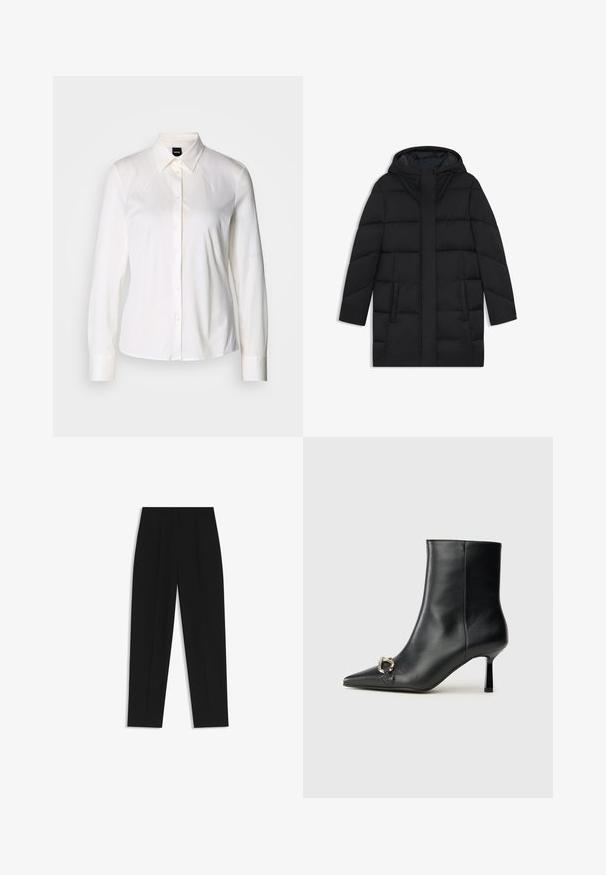 Piumino nero con cappuccio, caratterizzato da un design trapuntato, due tasche laterali e una linea dritta con una chiusura frontale con zip nascosta.; Camicia bianca a maniche lunghe con colletto classico e tessuto di cotone morbido, caratterizzata da una vestibilità slim e un design semplice senza fantasie.; Pantaloni neri a taglio dritto, con doppie pieghe, una texture liscia e un design classico in vita. Nessun hardware o dettaglio visibile.; Stivale alla caviglia in pelle nera con punta affusolata, tacco sottile di media altezza e dettaglio in fibbia argentata sul lato, su sfondo semplice.
