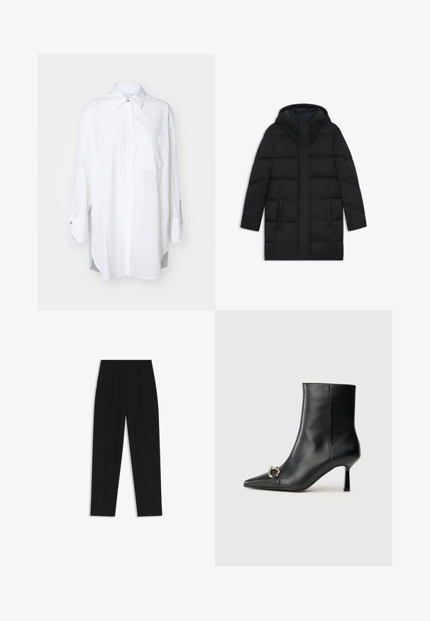 Black puffer coat with a hood, featuring a quilted design, two side pockets, and a straight cut with a hidden front zip closure.; BOSS BAREDA - Button-down blouse - white; Black trousers with a straight fit, featuring double pleats, a smooth texture, and a classic waistband design. No visible hardware or accents.; Black leather ankle boot with pointed toe, slim mid-height heel, and silver buckle detail on side against plain background.