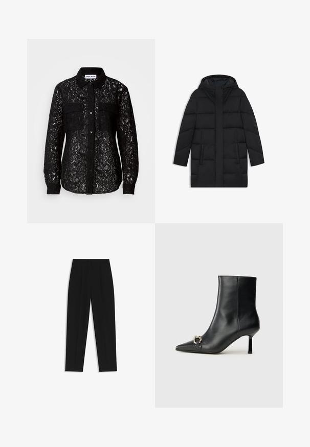 Sort puffermantel med hætte, der har et quiltet design, to sidelommer og en lige snit med en skjult frontlynlås.; Sort blonde kn.ap shirt med to frontlommer, krave, lange ærmer og tekstureret blomstermønster over hele overfladen.; Sorte bukser med lige pasform, der har dobbelte folder, en glat tekstur og et klassisk taljedesign. Ingen synlige hardware eller accenter.; Sort læder ankelstøvle med spidse tæer, slank hæl i mellemhøjde og sølvspænde detaljer på siden mod en ensfarvet baggrund.