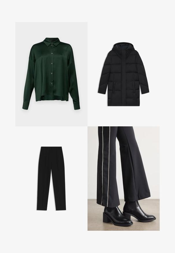 Black puffer coat with a hood, featuring a quilted design, two side pockets, and a straight cut with a hidden front zip closure.; DRYKORN CLOELIA - Button-down blouse - green; Black trousers with a straight fit, featuring double pleats, a smooth texture, and a classic waistband design. No visible hardware or accents.; Black leather ankle boots with a block heel, featuring elastic side panels. Paired with black pants that have a white side stripe.