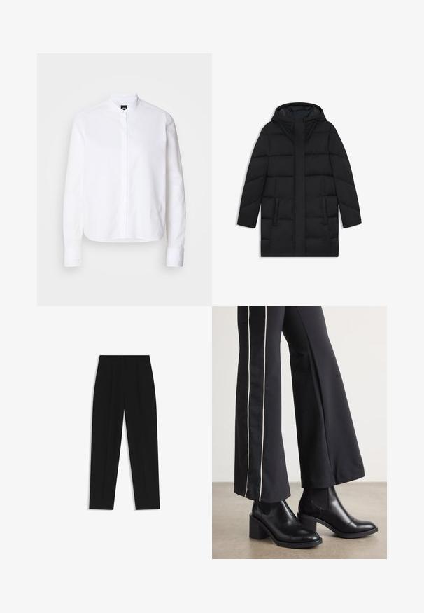 Piumino nero con cappuccio, caratterizzato da un design trapuntato, due tasche laterali e una linea dritta con una chiusura frontale con zip nascosta.; Camicia bianca con colletto, plastron frontale, maniche lunghe e polsini con bottone. Realizzata in tessuto di cotone liscio con una vestibilità strutturata.; Pantaloni neri a taglio dritto, con doppie pieghe, una texture liscia e un design classico in vita. Nessun hardware o dettaglio visibile.; Stivaletti in pelle nera con tacco a blocco, dotati di pannelli elastici sui lati. Abbinati a pantaloni neri con una striscia bianca laterale.