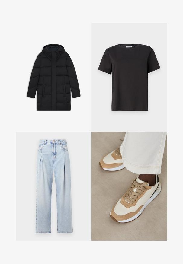 Schwarze Steppjacke mit Kapuze, im gesteppten Design, zwei seitlichen Taschen und geradem Schnitt mit verstecktem Front-Reißverschluss.; Schwarzes Baumwoll-T-Shirt mit kurzen Ärmeln, Rundhalsausschnitt und einem einfachen, klaren Design. Keine sichtbaren Muster oder Verzierungen.; Helle blaue Denim-Jeans mit hoher Taille, weitem Beinschnitt, zwei seitlichen Taschen und gefaltetem Design. Weiche Textur mit einem ausgebleichten Finish.; Beige und hellbraune Sneakers mit einer glatten Oberseite, strukturierten Wildlederelementen, flachen Schnürsenkeln und einer weißen Gummisohle.