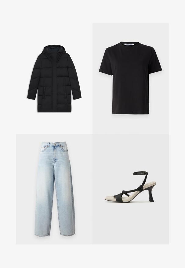 Black puffer coat with a hood, featuring a quilted design, two side pockets, and a straight cut with a hidden front zip closure.; Black short-sleeve t-shirt made of soft cotton, featuring a round neckline, relaxed fit, and a smooth texture. No visible patterns or graphics.; Samsøe Samsøe HARPER - Wide Leg - frozen snow; Black heeled sandal with braided strap design, square toe, and adjustable ankle strap. Light beige footbed with a glossy black heel.