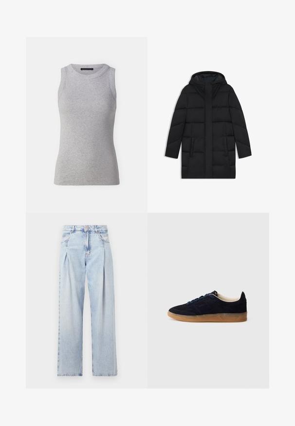 Sort puffermantel med hætte, der har et quiltet design, to sidelommer og en lige snit med en skjult frontlynlås.; Grå ærmeløs tanktop lavet af ribbet stof. Har en rund halsudskæring og en tætsiddende facon. Simpelt design, ingen synlige mønstre eller accenter.; Lyseblå denim jeans med høj talje, bred benåbning, to sidelommer og plisseret design. Blød tekstur med et falmet finish.; Marineblå ruskindssneaker med gummisål, blå snørebånd og minimalistisk design. Indeholder præget logo på siden og glat inderfor.