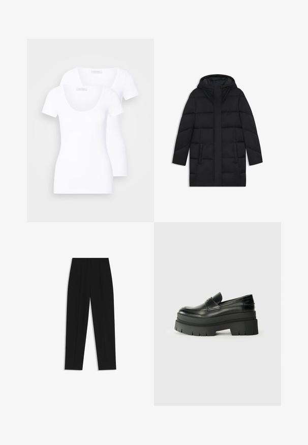Black puffer coat with a hood, featuring a quilted design, two side pockets, and a straight cut with a hidden front zip closure.; Two white short-sleeve t-shirts with a scoop neckline, made from smooth fabric, featuring a fitted design and no visible patterns or accents.; Black trousers with a straight fit, featuring double pleats, a smooth texture, and a classic waistband design. No visible hardware or accents.; Black leather loafers with a chunky platform sole. Rounded toe, front seam detail, and subtle stitching accents. Flat, textured outsole.