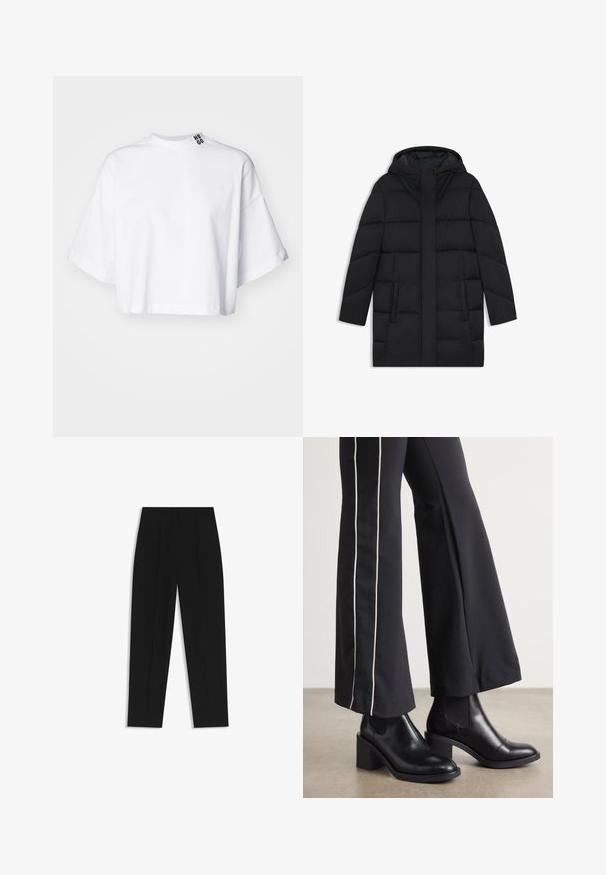 Sort puffermantel med hætte, der har et quiltet design, to sidelommer og en lige snit med en skjult frontlynlås.; Hvid cropped t-shirt lavet af bomuld, med brede korte ærmer og høj halsudskæring. Mærket "HUGO" er trykt med sort på kraven.; Sorte bukser med lige pasform, der har dobbelte folder, en glat tekstur og et klassisk taljedesign. Ingen synlige hardware eller accenter.; Sorte læder ankelstøvler med blokhæle, udstyret med elastiske sidepaneler. Kombineret med sorte bukser, der har en hvid side stripe.