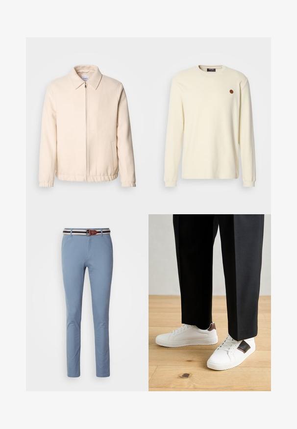 Lindbergh TEXTURED ZIP THROUGHT JACKET - Lehká bunda - off white; Krémový žebrovaný svetr s dlouhým rukávem a kulatým výstřihem, s hnědým kulatým logem na levém prsu.; Světle modré kalhoty s úzkým střihem, vybavené hnědým koženým pásem s bílými a námořnickými pruhy. Hladká textilie, klasický design.; Bílé tenisky s hladkým povrchem, s hnědými koženými akcenty a černými detaily, kombinované s černými kalhotami na míru. Pozadí tvoří dřevěná podlaha.