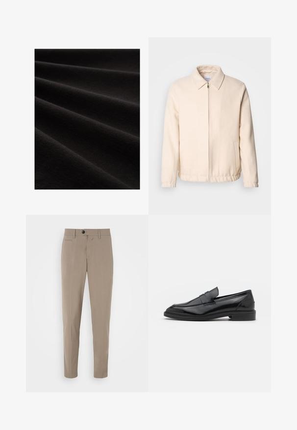 Lindbergh TEXTURED ZIP THROUGHT JACKET - Jachetă de vară - off white; Material negru cu textură netedă, prezentat în pliuri, evidențiind un luciu subtil și un model fin țesut, subliniind aspectul său moale.; Pantaloni bej croiți, cu o tăietură slim, fermoar și un buzunar frontal. Confecționați dintr-un material neted, cu un aspect proaspăt.; Pantofofi din piele neagră cu un finisaj neted, având vârful rotunjit și o bandă îngustă pe partea superioară. Toc mic, stratificat.