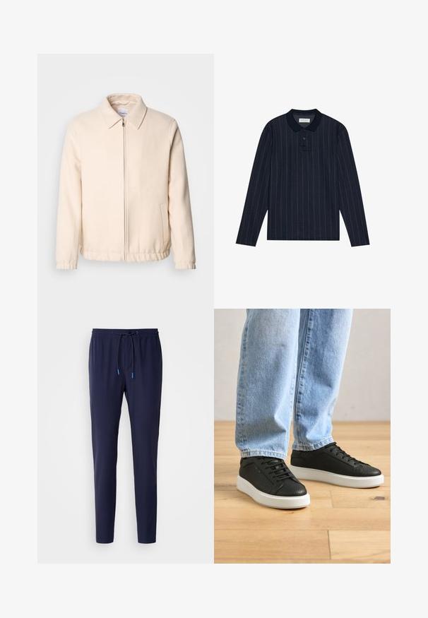 Lindbergh TEXTURED ZIP THROUGHT JACKET - Skraistė - off white; Jūros mėlynos ilgos rankovės polo marškiniai su apykaklės iškirpte, su plonomis vertikaliomis juostelėmis ir trims mygtukais. Minkšta audinio tekstūra.; Tamsiai mėlynos sportinės kelnės pagamintos iš minkštos medžiagos, su raištelių juosmeniu, mėlynomis akcentais, siauru kirpimu ir prailgintais rankogaliais ties kulkšnimi.; Asmuo vilkintis šviesiai mėlynas džinsus ir juodus sportinius batus su tekstūruotu raštu bei baltais padais, stovintis ant šviesių medinių grindų.