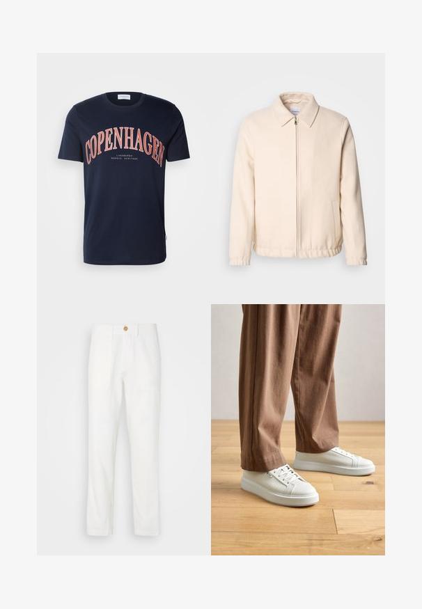 Lindbergh TEXTURED ZIP THROUGHT JACKET - Casaco de verão - off white; Lindbergh COPENHAGEN HERITAGE TEE - T-shirt estampada - navy; Calças de tecido brancas com corte reto, apresentando dois bolsos frontais e fecho com botão. Textura suave e design clean.; Pessoa a usar ténis brancos texturizados de cano baixo e calças castanhas largas, em pé num chão de madeira clara.