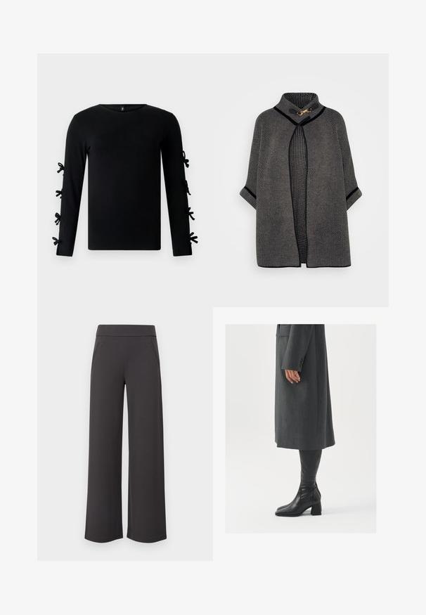 VILA VICEMRE - Köpeny - dark natural; Fekete, hosszú ujjú póló kerek nyakkivágással és díszes masnis részletekkel az ujjakon. Puha, rugalmas anyagból készült.; Széles lábú nadrág sötét szürke anyagból, sima textúrával, rugalmas derékrésszel és két elülső zsebbel. Yesztrekt design.; Szürke, szabott overál, egyenes vonallal; térd fölé érő fekete bőrcsizmákkal párosítva, négyzetes orral és vastag sarokkal.