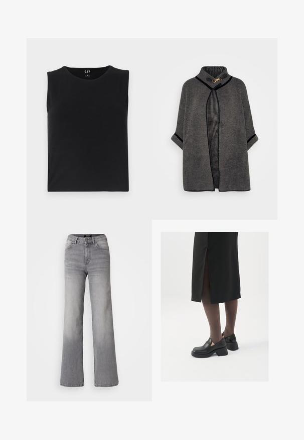 VILA VICEMRE - Apmetnis - dark natural; Melnas bezpiedurkņu blūze, kas izgatavota no mīksta auduma, ar apaļu kakla izgriezumu un taisnu apakšmalu. Minimālisma dizains bez akcentiem vai rotājumiem.; Augsti vidukļa taisnas kājas pelēkas džinsa bikses ar priekšējo pogu un rāvējslēdzēju, priekšējām un aizmugurējām kabatām, kā arī izbalinātiem toņiem uz augšstilbiem un teļiem.; Melni ādas apavi ar noapaļotu purngalu, biezām bloku papēžiem un elastīgiem sānu akcentiem, apvienoti ar tumšām zeķubiksēm un melnu svārku ar šķirbu.