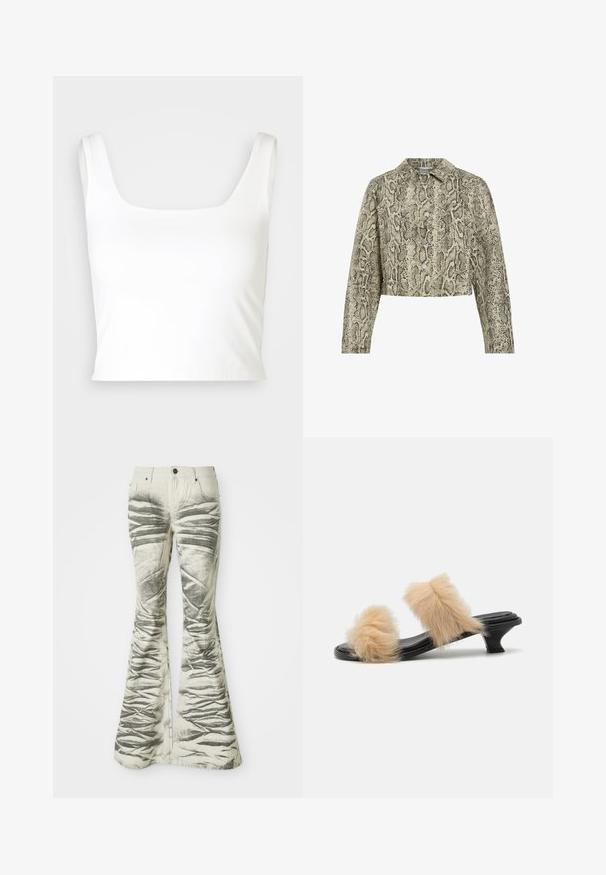 Lühem snake print mustriga jakk, millel on beeži ja musta värvitooni kombinatsioon, nööbiga esitlus, terav krae ja pikad varrukad.; GAP COMPACT BRAMI - Topp - new off white; Heledad heledad teksuuriga mustade horisontaalsuurte triipudega heledad flared teksad, millel on ees taskud ja metallnööbiga sulg.; Mustad musta libisemissandaal kahe beeži valejõhvi pom-pomiga, madala kiti kontsaga, sileda pinnaga ja avatud varvastega disain.