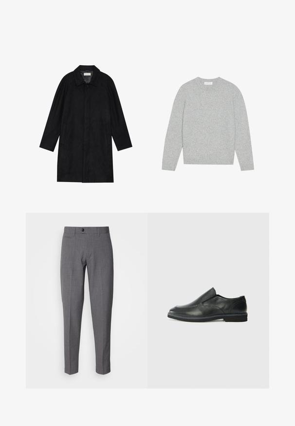 Casaco preto feito de um tecido macio e texturado. Apresenta um colarinho, mangas raglan, bolsos laterais e um fecho frontal com botões.; Suéter de lã cinza claro com decote redondo, mangas longas e punhos e barra canelados. Textura suave com um design sólido e minimalista.; Calças cinzentas sob medida com uma textura suave, apresentando um fecho de botão único, bolsos frontais e um design ajustado.; Sapato slip-on preto em pele com um upper liso, acabamentos cosidos, bico arredondado e um salto de borracha baixo. A sola apresenta um padrão de aderência mínimo.