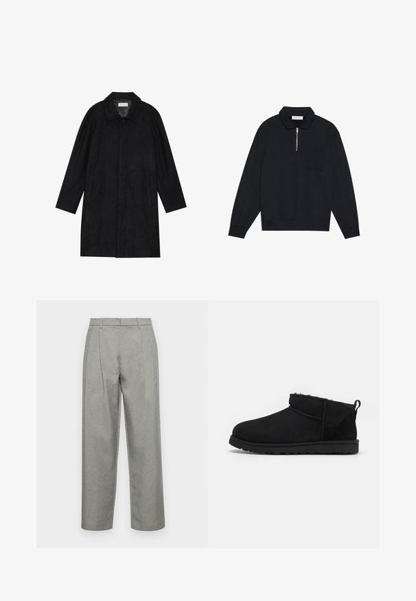 Geacă neagră dintr-un material moale și texturat. Dispune de un guler, mâneci raglan, buzunare laterale și închidere cu nasture în față.; Pier One Bluză de molton - black; Pantaloni gri tăiați, dintr-un material texturat, cu un design drept, pliuri frontale și un talie standard cu bucle pentru curea.; Cizme de gleznă din suede negru, cu un căptușeală moale și texturată, talpă din cauciuc cu profil redus și o bucată la spate pentru a fi ușor de pus.