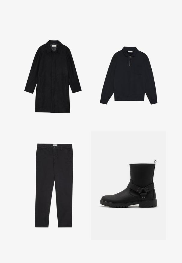 Melnā jaka, izgatavota no mīksta, teksturēta auduma. Ar apkakli, raglāna piedurknēm, sānu kabatām un priekšējo pogu aizdari.; Pier One Ikdienas džemperis - black; Melni kokvilnas bikses ar šauru piegriezumu, kurām ir divas sānu kabatas un priekšējā pogu aizdare. Tekstūrēta auduma ar smalku detalizāciju.; Melni potītes zābaki ar teksturētu ādas virsu, aprīkoti ar sānu jostu ar metāla akcentiem un ar rievotu gumijas zoli, kas nodrošina labu saķeri.