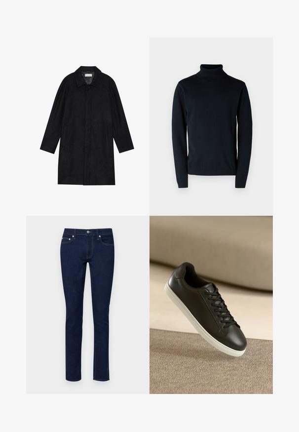 Must mustritud pehme kangast must mantel. Omab kraed, raglanvarrukaid, külgkotte ja ees nuppe.; Tume navy sinine kõrge kaelusega sviiter, mis on valmistatud pehmest ja venivast kangast. Omab pikki varrukaid ning soonikkoes ääriseid ja hemmi. Lihtne ja puhas disain.; Only & Sons ONSLOOM BOX - Liibuvad teksad - dark blue denim; Mustad nahast tennisetossud valge kummist tallaga ja mustade paeltega, paigutatud beežile kangapinnale ja -taustale.