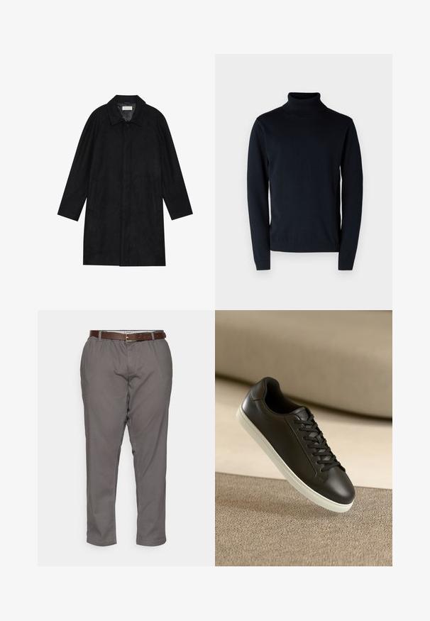 Sort frakke lavet af blød, struktureret stof. Har en krave, raglanærmer, sidelommer og en frontknaplukning.; Mørkeblå turtleneck sweater lavet af blødt, strækbart stof. Har lange ærmer og ribstrikkede manchetter og nederkant. Simpelt, rent design.; Grå bukser med en afslappet pasform, der har et brunt læderbælte, sidelommer og en glat stoftekstur. Afsluttet ved anklerne.; Sort lædersneaker med hvid gummisål og sorte snørebånd, placeret mod en beige stofoverflade og baggrund.